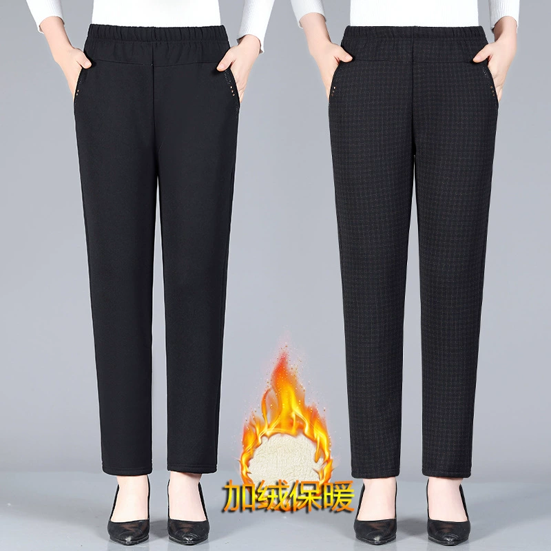 Женские брюки среднего возраста, утолщенные эластичные брюки с высокой талией на флисовой подкладке для пожилых людей, брюки для бабушек, свободные прямые брюки для мам