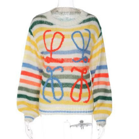 Amazon Cross-Border Loose Lazy Contrast Sweater Knitted 2025 New Autumn and Winter European and American Rainbow Stripesd Pullover Amazon Cross-Border Loose Lazy Contrast Sweater Knitted 2025 New Autumn and Winter European and American Rainbow Stripesd Pullover
