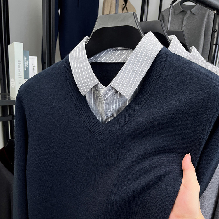 Suéter de punto casual de hombre delgado falso de dos piezas chaqueta nueva chaqueta gris de otoño y invierno simple camisa de punto con solapa