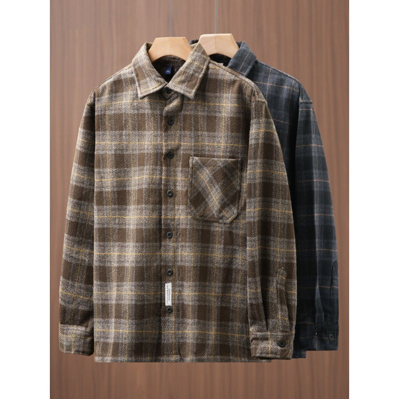 Brushed thickened warm plaid shirt for men, long-sleeved, heavy vintage loose woolen shirt, casual jacket, trendy for autumn and winter