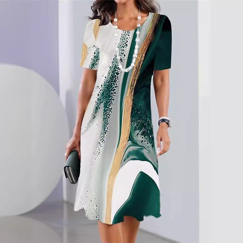 Ladies Round Neck Casual Western Short Sleeve Loose Everyday Versatile Plus Size Dress Fashion Dress