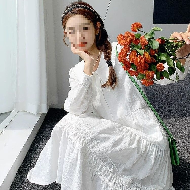 Early Spring and Autumn New Style Long-Sleeved French Mid-Length Dress with Puff Sleeves, White Base Dress, Hepburn-Style Long Dress