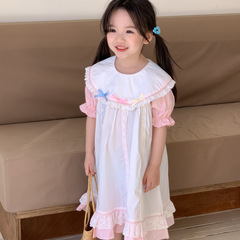 韓國女童連衣裙2024夏季新品兒童洛麗塔時髦花邊蝴蝶結連衣裙公主
