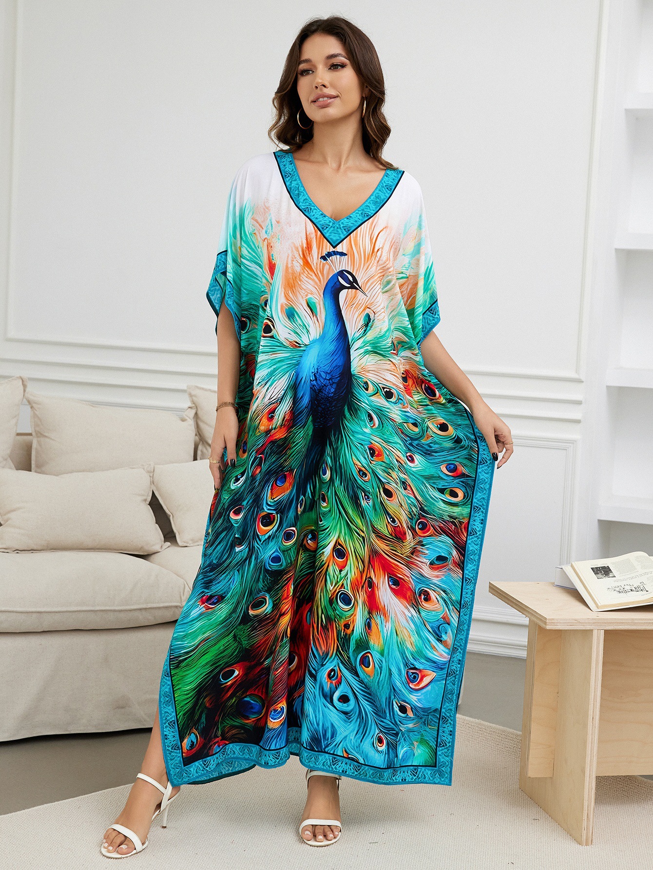 Rochie de plajă lungă kimono dama boho viscoză tie-dye_voghion.com