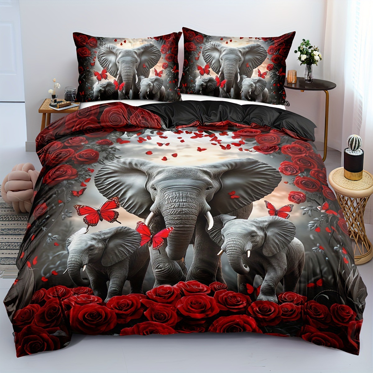 TEMU / JIT abrasión impresión digital rosa roja elefante mariposa suave quilt kit fabricante de origen transfronterizo