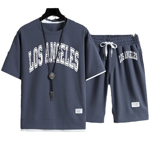 New summer loose two-piece half-sleeve T-shirt set, checkered short-sleeve T-shirt men's casual sportswear set
