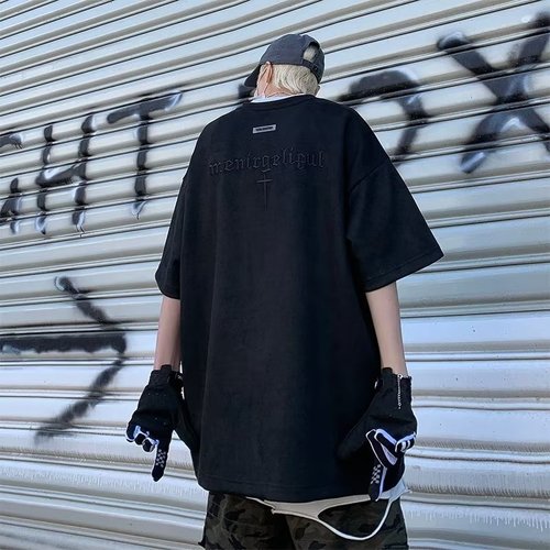 Deer hide velvet American retro short-sleeve t-shirt for men, summer heavy-duty loose half-sleeve street fashion five-point sleeve t-shirt