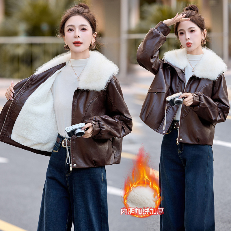 Genuine Leather Jacket for Women Autumn and Winter 2025 New Style Small and Stylish Fleece-Lined Thickeneded Large Lapel Short Leather Jacket