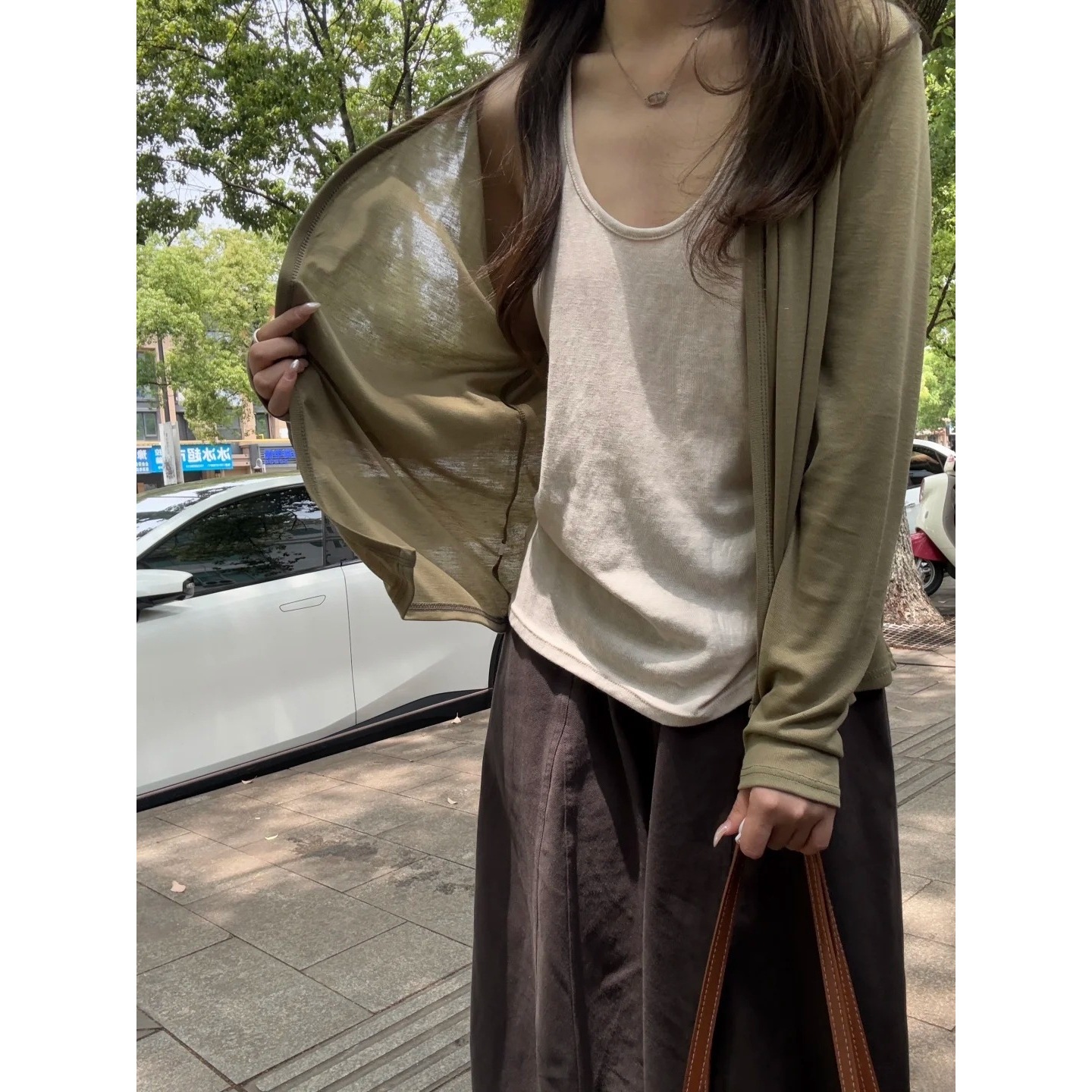 Relaxed and Elegant V-Neck Jacket in Beech Green, Women's Summer Tencel Thin Long-Sleeve Air-Conditioning Cardigan, Loose Top