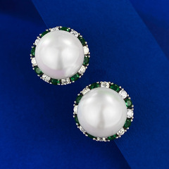 慕景珠寶 2023祖母綠鑲嵌12mm貝珠耳釘通體925銀歐美女耳環耳夾