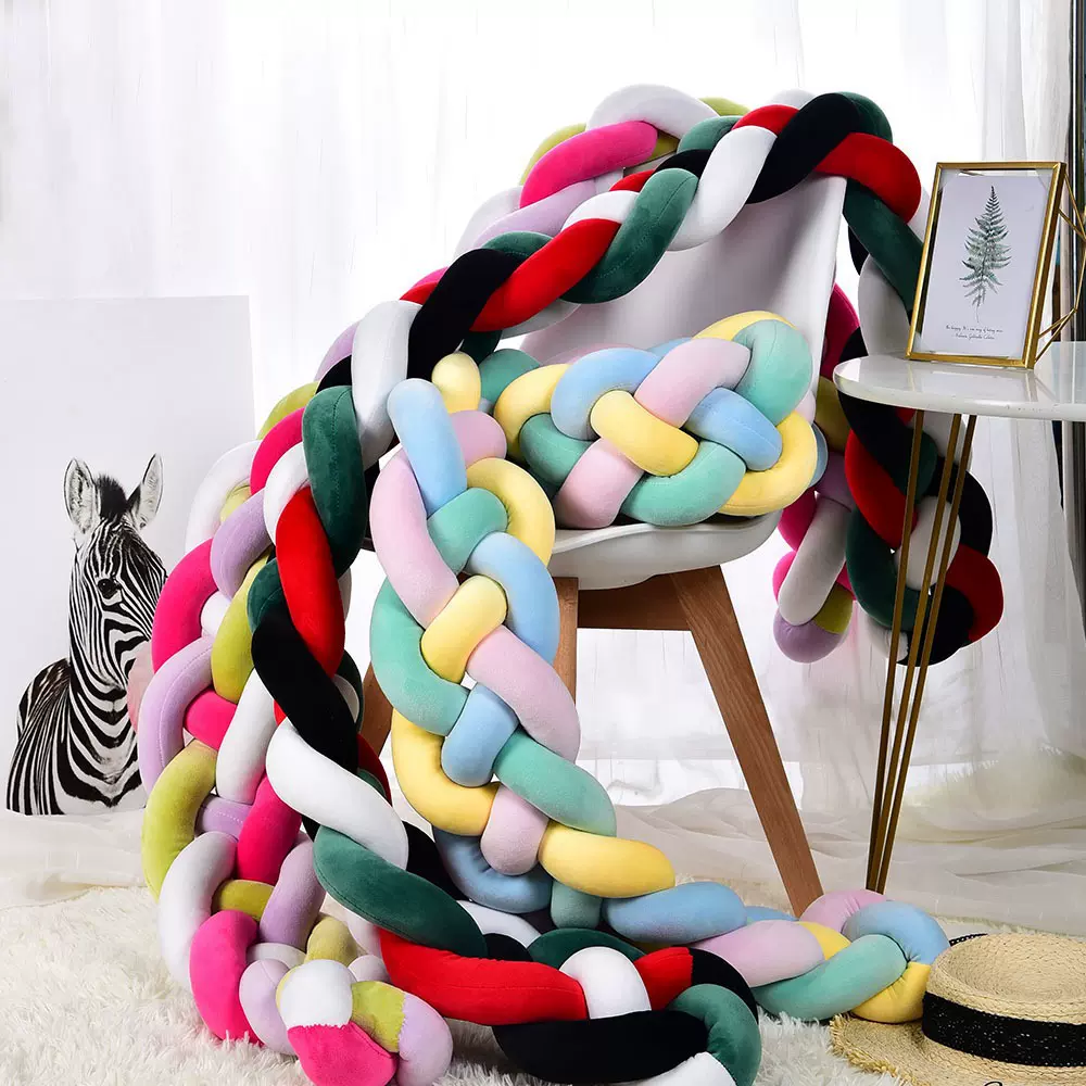 北欧四股麻花辫抱枕丹麦简洁编织长条打结防撞儿童床围栏护栏装饰