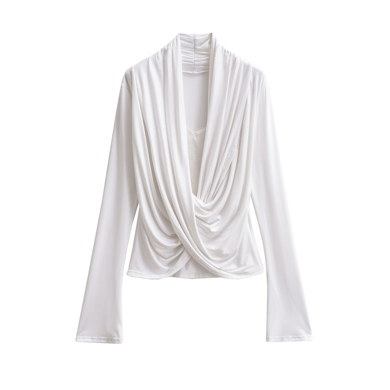 Hot Girl Sexy Lace Cross Collar Long-Sleeved T-Shirt Lazy Inner Top Hot Girl Slim Fit Slightly Flared Sleeve Bottoming Shirt