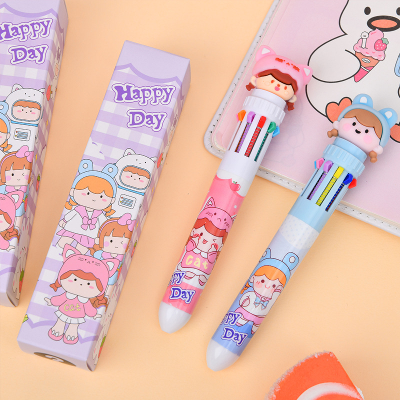 Caricaturas lindas y creativas multicolores bolígrafo de mano caja ciega bolígrafo multifuncional de color de presión bolígrafo de diez colores caja sorpresa afortunada