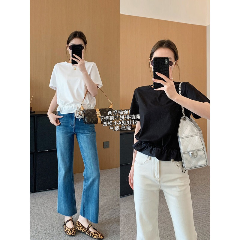 Self-Made Dual-Wear Drawstring T-Shirt! Designer Style Adjustable Patchwork Ruffle Hem Short-Sleeve Summer Round-Neck T-Shirt for Women