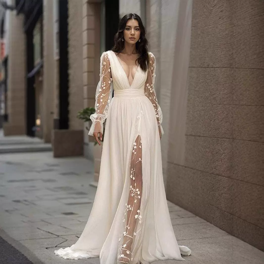 2025女婚纱货源欧美wish速卖通女装礼服深v领长袖婚纱长裙连衣裙