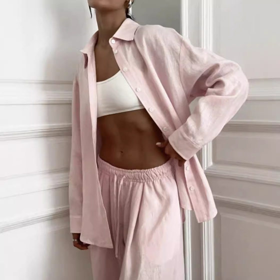 2024 Lazy French Loose pink suit European and American Cross-border 100 Cotton Casual Shirt Long Sleeve Top Trousers