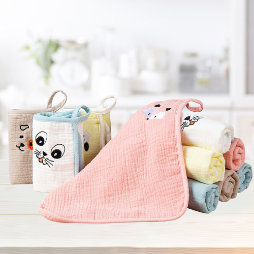 Crepe cotton gauze square towel baby face towel six-layer embroidery kindergarten mouth towel infant saliva towel