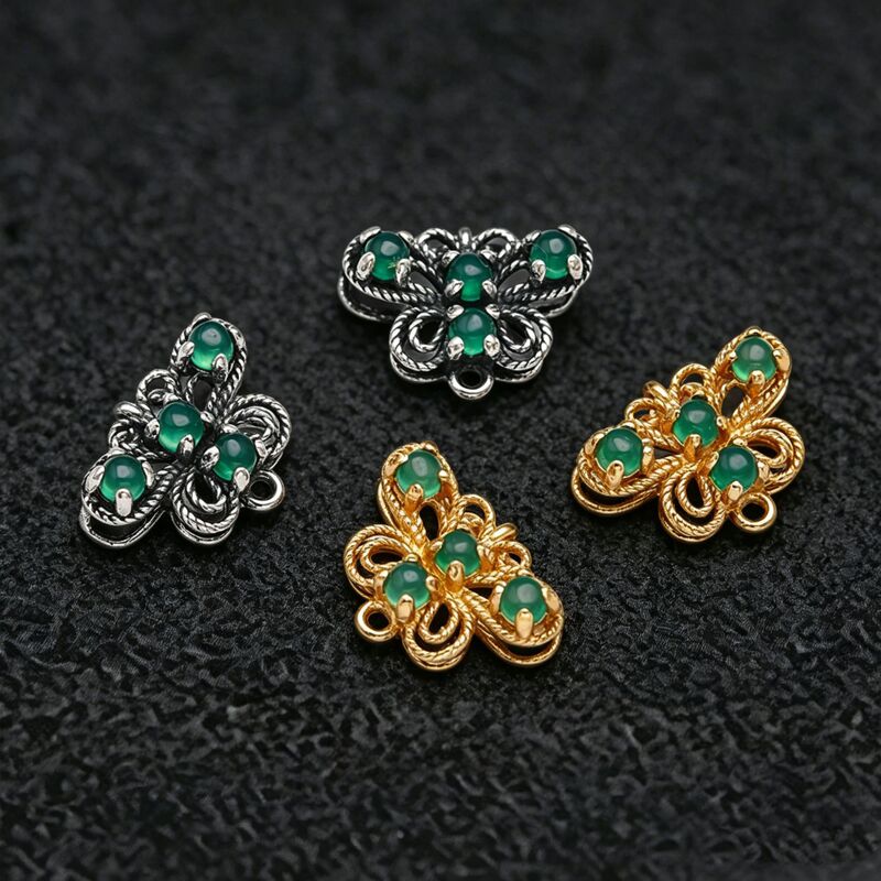 S925 Silver Hollow Butterfly Double Ring Connector Green Agate Double Ear Pendant Handmade DIY Jewelry Material Accessories