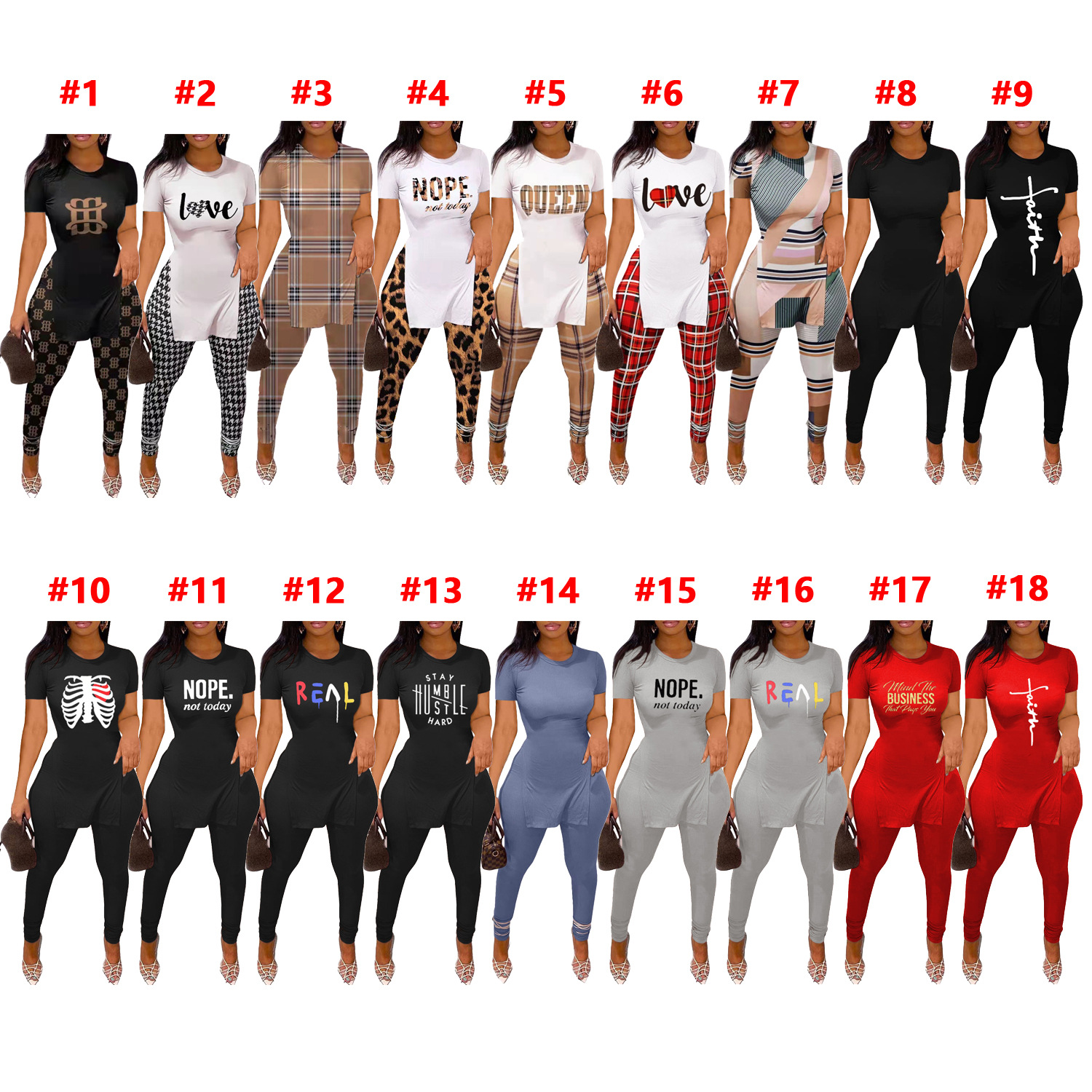 D9387亚马逊欧美热卖女装 秋冬新款字母印花开叉下摆短袖长裤套装