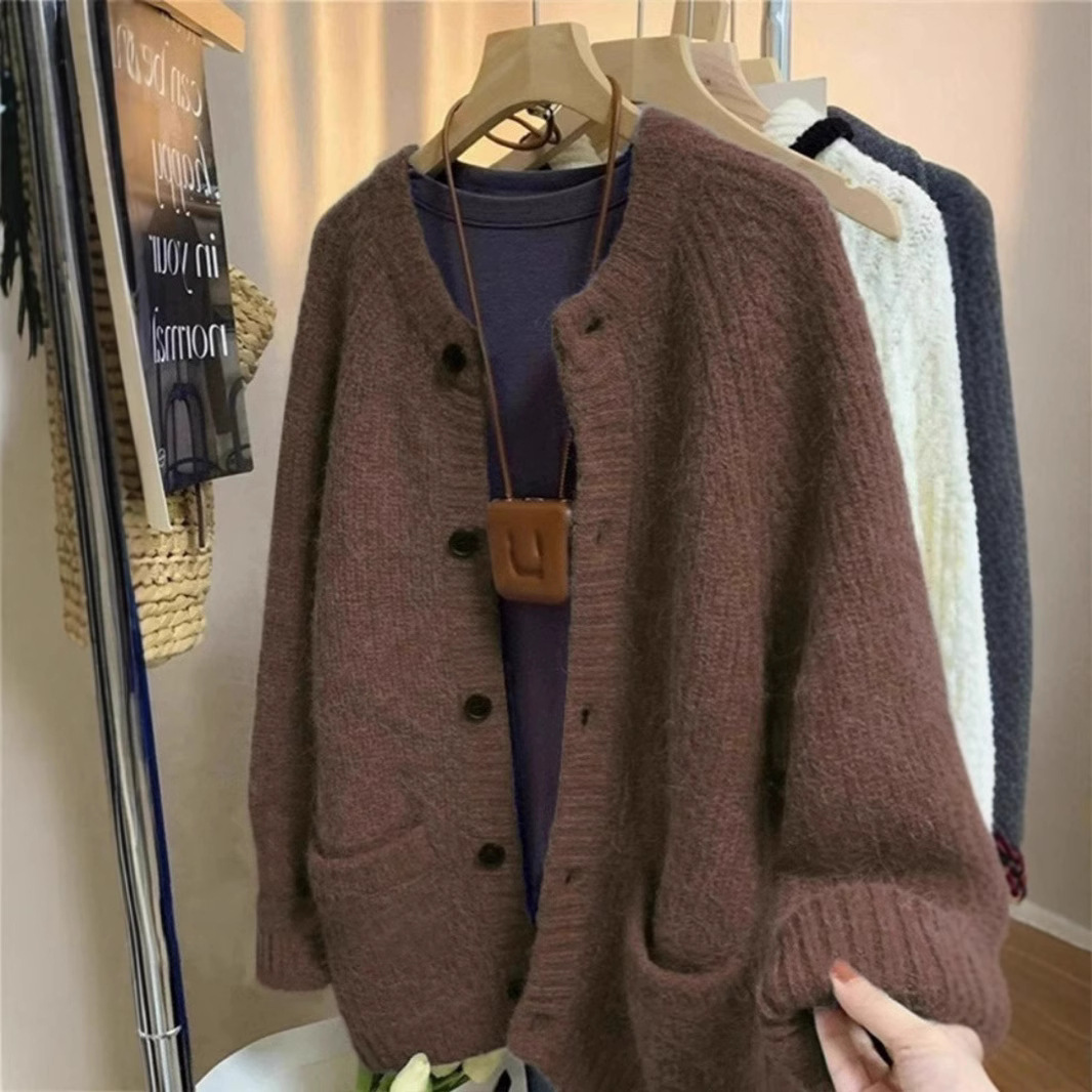플러스 사이즈 통통녀 소프트 왁스 스웨터 니트 카디건 재킷 여성 가을 레트로 게으른 스타일 느슨한 중간 길이 최고 트렌디