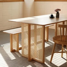 北欧实木藤编餐桌椅组合家用小户型日式侘寂风民宿餐厅长方形桌子