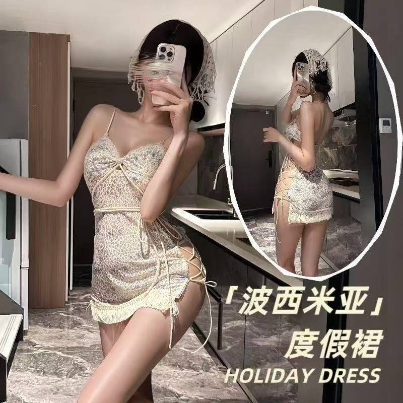 Bohemian Floral Maid Costume Dress with Hollow Straps and Thong, One Size — detail image 2