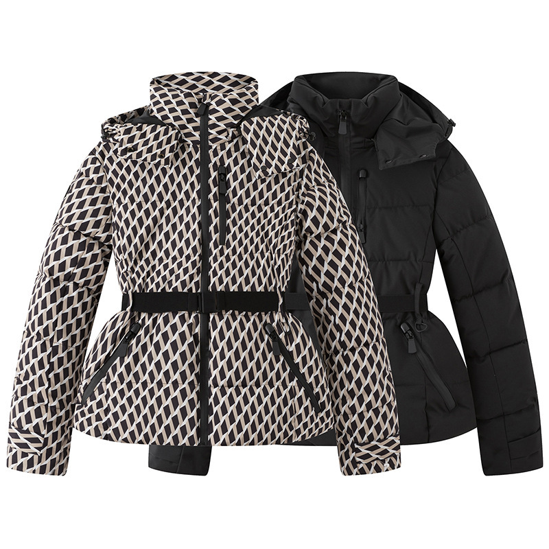 Cross-Border Women's Short Cotton Coat Wholesale Winter European and American Style Ski Series Waist Hooded Belt Warm Cotton Jacket Cross-Border Women's Short Cotton Coat Wholesale Winter European and American Style Ski Series Waist Hooded Belt Warm Cotton Jacket