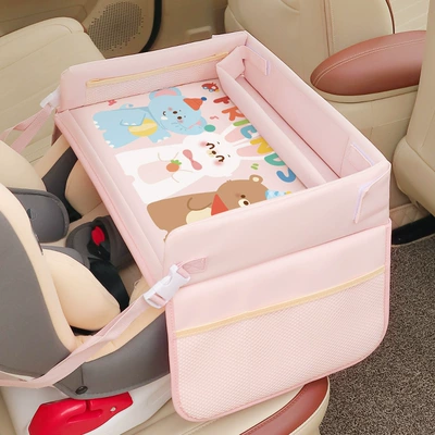 Car table board Cartoon Car-Mounted Waterproof Storage Dining - leather-style-square-pink-elephant-bear