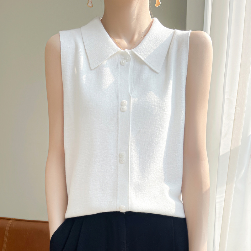 Spring and Summer Sleeveless Knitted Shirt with Polo Collar, Versatile and Stylish for Women, Suitable for Work and Casual Wear Spring and Summer Sleeveless Knitted Shirt with Polo Collar, Versatile and Stylish for Women, Suitable for Work and Casual Wear