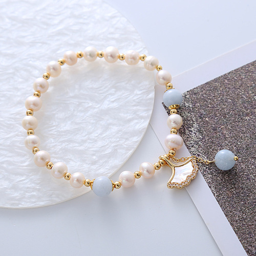 Natural Pearl Necklace for Women - New Arrival with Aquamarine Crystal, Ins Cold Wind, Apricot Leaf Pendant, Mother-of-Pearl Bracelet - Wholesale
