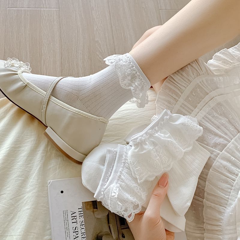 Spring and Summer New Miu Style Girl's Handmade Lace Girls' Socks Solid Color Combed Cotton All-match White Socks for Women