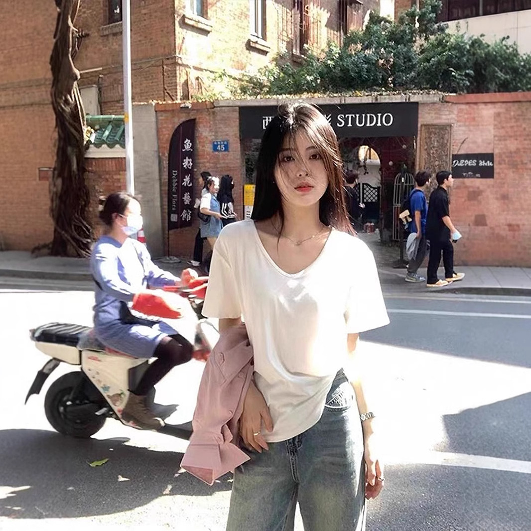 大v领纯色宽松短袖t恤夏季女新款慵懒简约低领百搭显瘦上衣