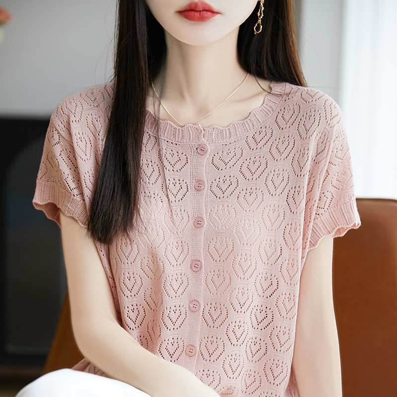 Summer Thin Lace Short-Sleeve Cardigan for Women, Tencel Full-Body Hollow-Out Knit T-Shirt, Women's Short Top, Women's Knit Base Layer