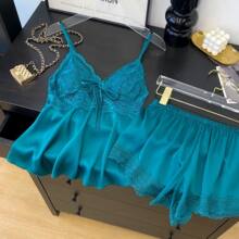 带胸垫性感吊带睡衣两件套女夏季新款高级感短裤冰丝绸蕾丝家居服