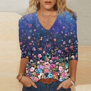2023 New Fashion Women's Seven-point Sleeve Flower Printed V-Neck T-Shirt Foreign Trade Cross-border Women's Top Can Be Set-made