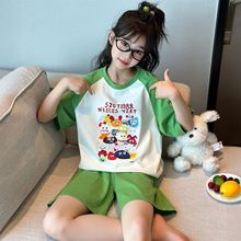 女童卡通睡衣夏款中大儿童休闲拼色短袖短裤家居服女孩纯棉两件套