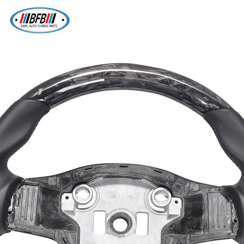 100% Real Carbon Fiber Steering Wheel Modification - For Tesla Model 3/Y - Black No-Hole Leather Black Stitching Marble Forged Pattern