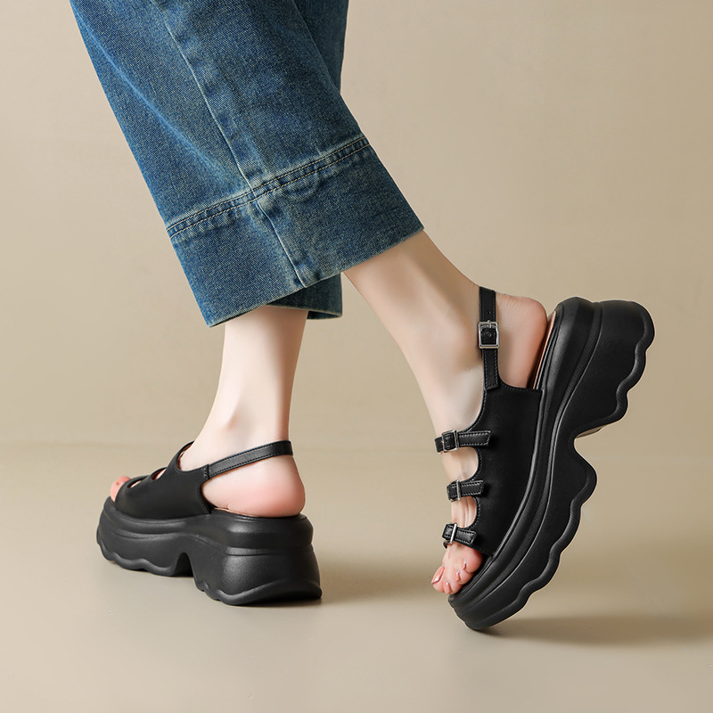 Dép sandal nữ quai ngang hở mũi đế bệt siêu nhẹ phong cách La Mã — đen