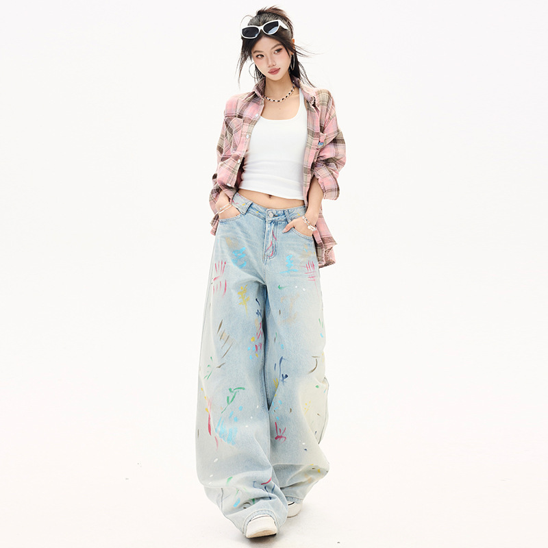 2026 Spring New Printed Heavy Craft Wide-Leg Pants Women's Straight-Leg Pants Retro Style Jeans for Women