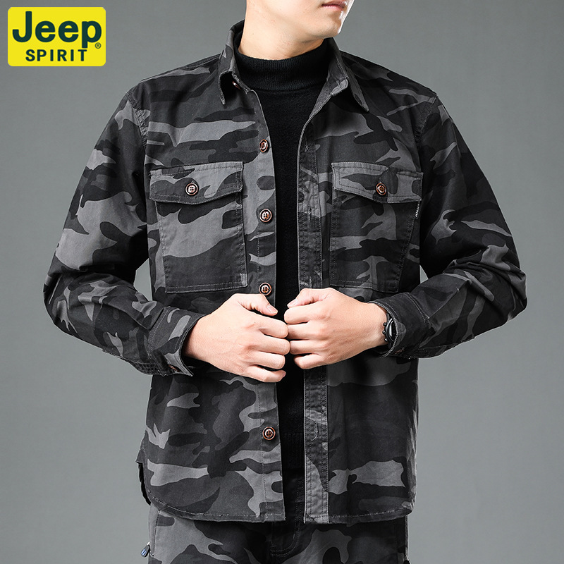 JEEPSPIRIT Spring and Autumn Thick Camouflage Pure Cotton Shirt Large Size Long Sleeve Coat Workwear Multi-Pocket Jacket Casual JEEPSPIRIT Spring and Autumn Thick Camouflage Pure Cotton Shirt Large Size Long Sleeve Coat Workwear Multi-Pocket Jacket Casual