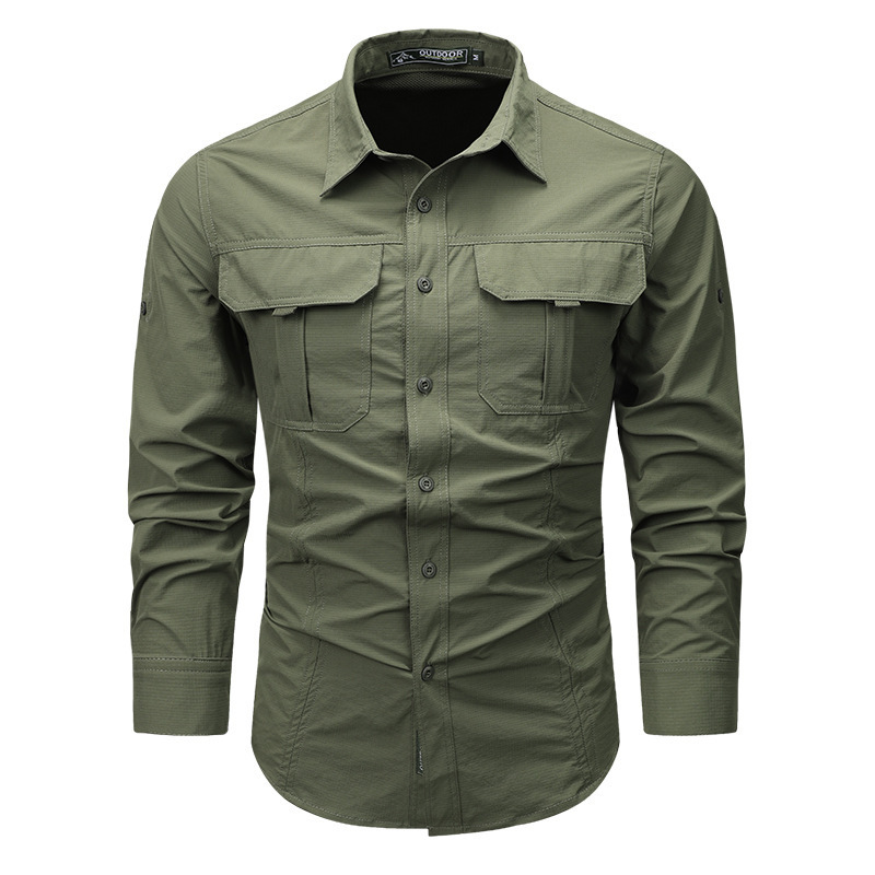 Long-Sleeved Quick-Drying Shirt, Ice-Sense Anti-Sun Shirt, Men's Four-Season Outdoor Thin Large Size Overalls, Military Lapel Shirt