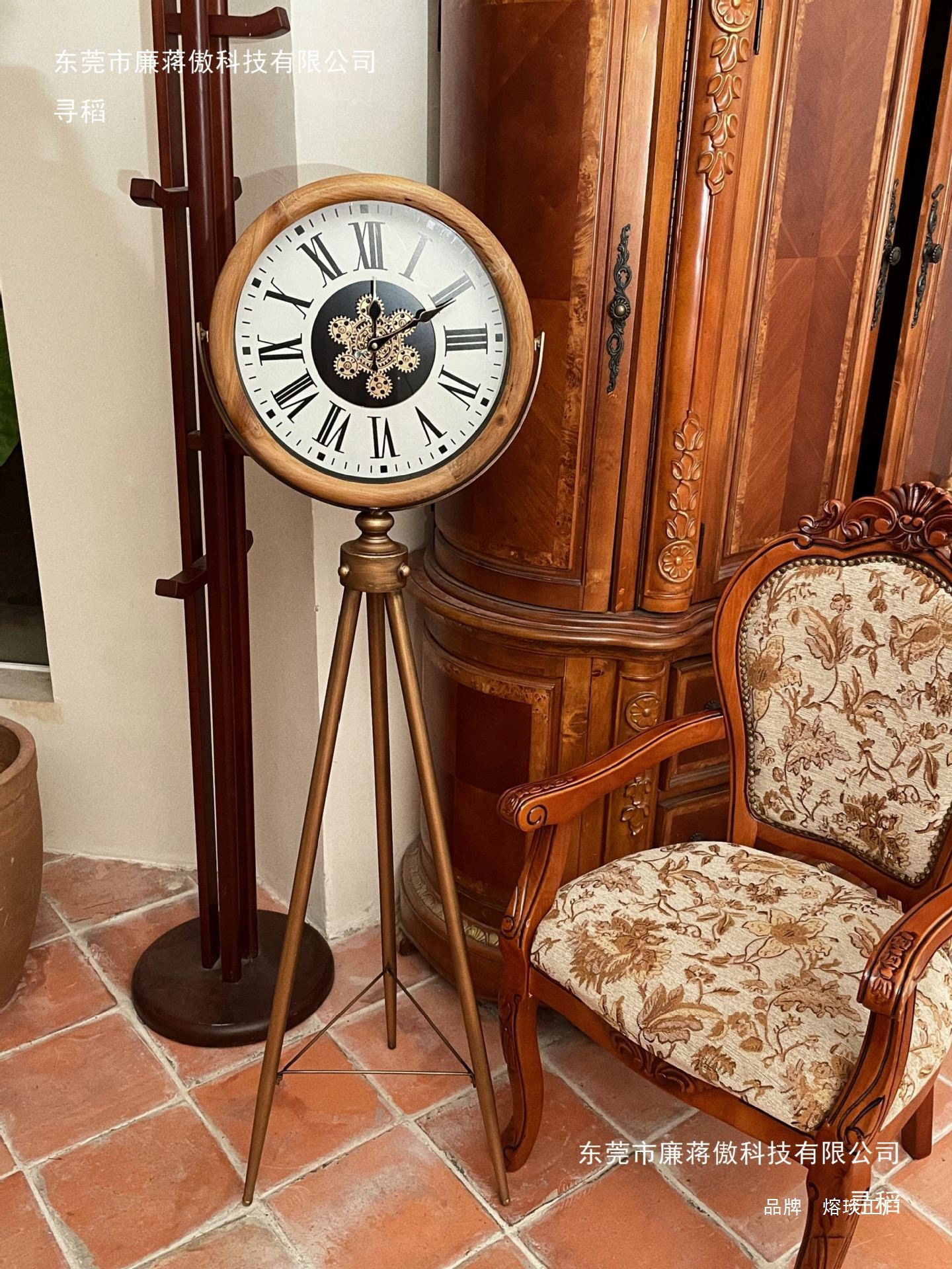 机械美式齿轮钟创意别墅欧式复古客厅落地钟三脚师大摆件立钟详情