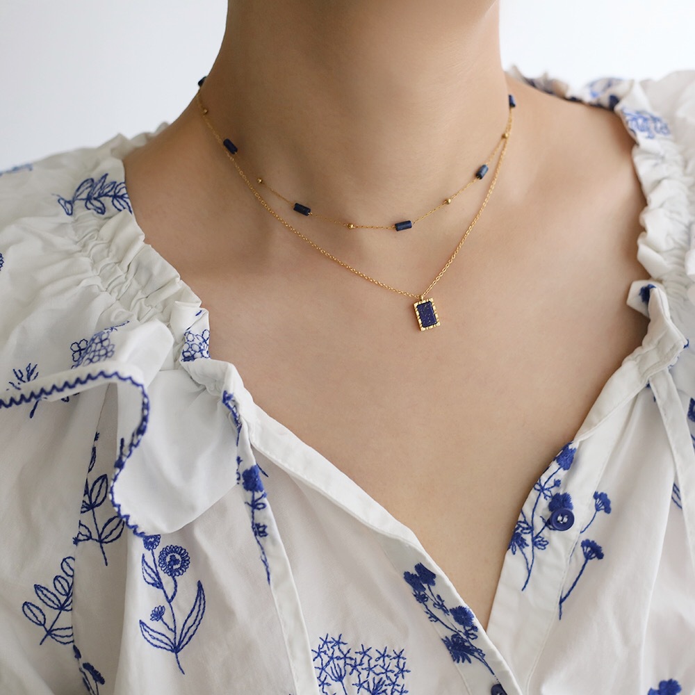 Linglang Natural Lapis Lazuli Beaded Necklace 18K Gold Plated Layered Necklace Gold Chain Summer Gold Jewelry
