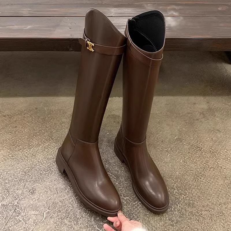 ブーツの女性2024の新しい秋冬レトロなフランスの太さと高筒の騎士靴のブラウンカレーの色は膝の長いブーツを超えません。