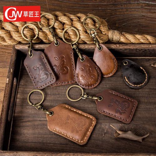 First layer cowhide access control card holder creative keychain sensor water drop card holder cute small square access control card protective cover