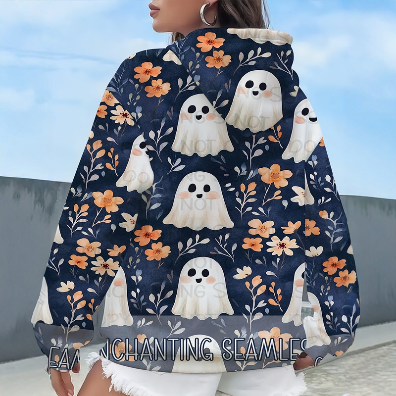 Women's Hooded Sweatshirt Ghost Floral Print Polyester Fiber For Daily Outing Soft Breathable