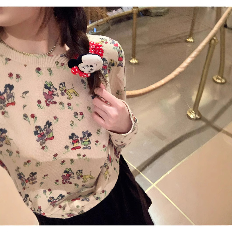 Ready in Stock/Zhang Zhang Zhang Retro Childlike Mickey and Minnie/All Wool Cartoon Print Loose Sweater