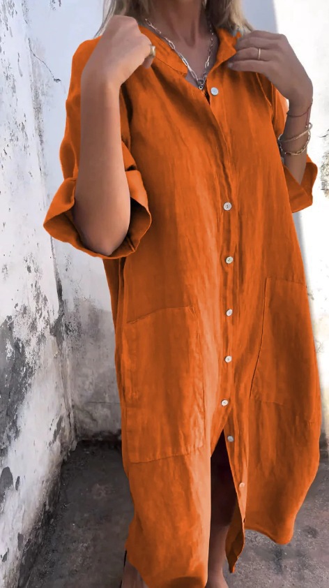 2024 New Spring Summer Style Loose Casual Mid-Sleeve Cotton Linen Shirt Dress For Women_voghion.com