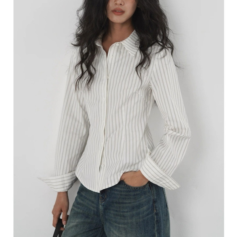 Eightmonth French Retro Vertical Stripesd Shirt Autum Waist Slimming Look Lapel Long-Sleeved Work Clothing Shirt Eightmonth French Retro Vertical Stripesd Shirt Autum Waist Slimming Look Lapel Long-Sleeved Work Clothing Shirt