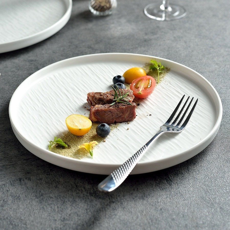 Japanese-style High-looking Ceramic Plate, Simple Pure White Rock Pattern Steak Plate, Pizza Plate, Snack Plate, Western Food Plate, Home Use